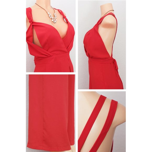 Red Crisscross Strap Backless Sexy V Neck Jumpsuit - Picture 6 of 9